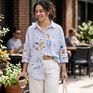Anthropologie Holding Horses Cotton Striped Paint Splatter Button-Up Shirt